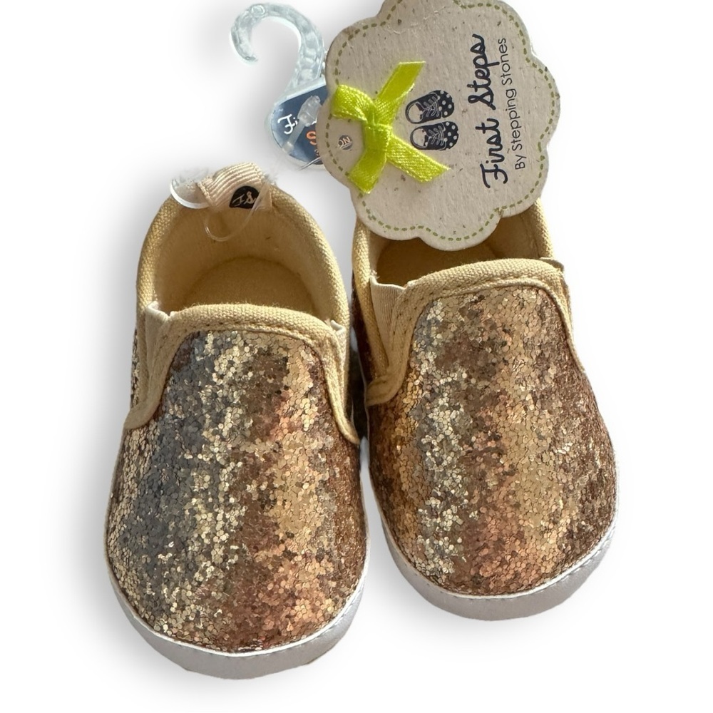 New gold glitter first steps slip ons​